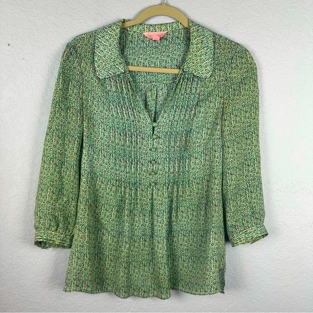 Lily Pulitzer Silk Green Black White Geometric Babydoll Long Sleeve Top 2
